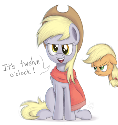 Size: 1554x1643 | Tagged: safe, artist:manual-monaro, imported from derpibooru, applejack, derpy hooves, earth pony, pegasus, pony, accessory swap, accessory theft, angry, applejack is not amused, applejack wants her hat back, applejack's hat, close enough, clothes, cosplay, costume, cowboy hat, crossover, dialogue, duo, duo female, female, floppy ears, freckles, frown, glare, hat, hatless, high noon, it's high noon, jesse mccree, lidded eyes, looking at you, mare, missing accessory, open mouth, overwatch, scarf, simple background, sitting, smiling, smirk, this will end in angry countryisms, this will end in pain, this will end in pain and/or angry countryisms, towel, unamused, white background, you had one job