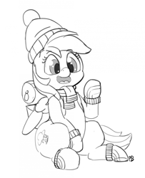 Size: 1280x1575 | Tagged: safe, artist:pabbley, imported from derpibooru, rainbow dash, pegasus, pony, dungeons and discords, 30 minute art challenge, clothes, cute, dashabetes, female, grayscale, hat, mare, mittens, monochrome, open mouth, scarf, simple background, sitting, solo, white background