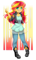 Size: 2377x3996 | Tagged: safe, artist:pillonchou, imported from derpibooru, sunset shimmer, human, equestria girls, blushing, boots, clothes, cute, female, green eyes, jacket, leather jacket, lipstick, pants, shimmerbetes, shoes, smiling, solo