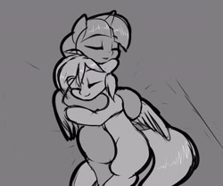 Size: 2400x2000 | Tagged: safe, artist:elzzombie, imported from derpibooru, rainbow dash, twilight sparkle, alicorn, pony, cuddling, female, grayscale, lesbian, mare, monochrome, shipping, snuggling, twidash, twilight sparkle (alicorn)