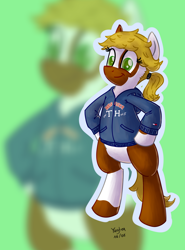 Size: 2224x3004 | Tagged: safe, artist:yugtra, imported from derpibooru, oc, oc only, oc:pawprint, earth pony, pony, bipedal, clothes, ponytail, solo, zoom layer