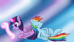 Size: 1920x1080 | Tagged: safe, artist:darelith, imported from derpibooru, rainbow dash, twilight sparkle, alicorn, pony, abstract background, female, lesbian, lying down, magic, mare, on back, pony pillow, reading, scroll, shipping, sleeping, twidash, twilight sparkle (alicorn)