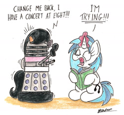 Size: 1667x1542 | Tagged: safe, artist:bobthedalek, imported from derpibooru, dj pon-3, octavia melody, vinyl scratch, pony, unicorn, dalek, doctor who, magic, newbie artist training grounds, panic, species swap, spell gone wrong, traditional art, transformation