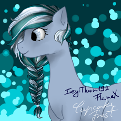 Size: 600x600 | Tagged: safe, artist:ivey:thorn192flamex, imported from derpibooru, oc, oc only, oc:cupcake frost, earth pony, pony, :), blue, braid, cute, female, filly, green, happy, smiling, solo, white