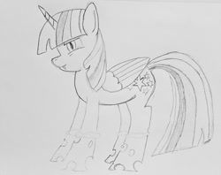 Size: 2000x1584 | Tagged: safe, artist:darelith, imported from derpibooru, twilight sparkle, alicorn, changeling, pony, changelingified, female, monochrome, solo, species swap, traditional art, twilight sparkle (alicorn), twiling