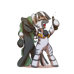 Size: 1200x1200 | Tagged: safe, artist:anticular, imported from derpibooru, oc, oc only, oc:garbhán, oc:viridian strings, earth pony, pony, zebra, bipedal, drinking, happy, male, stallion