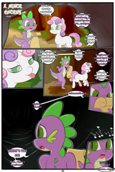 Size: 2000x3000 | Tagged: safe, artist:saurian, deleted from derpibooru, imported from derpibooru, spike, sweetie belle, comic:a minor chorus, :p, cave, comic, dialogue, explicit source, silly, stupid sexy spike, thighs, tongue out