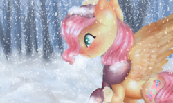 Size: 1024x614 | Tagged: safe, artist:loladotz, imported from derpibooru, fluttershy, blushing, clothes, cute, female, hat, scarf, shyabetes, snow, snowfall, solo, spread wings, tree, winter