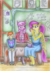 Size: 1973x2795 | Tagged: safe, artist:sinaherib, imported from derpibooru, cheerilee, fluttershy, oc, oc:summer wind, anthro, plantigrade anthro, clothes, dress, offspring, parent:big macintosh, parent:fluttershy, parents:fluttermac, traditional art