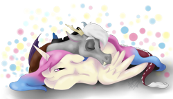 Size: 2081x1198 | Tagged: safe, artist:pokemonka225dw, artist:spacesheep-art, imported from derpibooru, discord, princess celestia, dislestia, male, prone, shipping, snuggling, straight