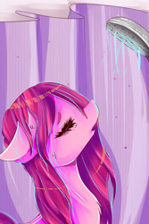 Size: 3000x4500 | Tagged: safe, artist:sunshinejoyyt, imported from derpibooru, pinkie pie, earth pony, pony, bath, chromatic aberration, ears, eyes closed, female, relaxing, shower, shower head, solo, water, wet mane, wet mane pinkie pie