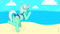 Size: 4859x2733 | Tagged: safe, artist:minimoose772, imported from derpibooru, lyra heartstrings, anatomically incorrect, bikini, butt, clothes, female, incorrect leg anatomy, looking at you, looking back, open mouth, plot, smiling, solo, swimsuit, waving