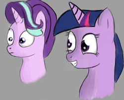 Size: 1280x1037 | Tagged: safe, artist:itsthinking, imported from derpibooru, starlight glimmer, twilight sparkle, alicorn, pony, bust, grin, portrait, smiling, surprised, twilight sparkle (alicorn)