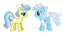 Size: 202x108 | Tagged: source needed, safe, artist:botchan-mlp, imported from derpibooru, nurse coldheart, nurse snowheart, screw loose, pony, desktop ponies, duo, female, lidded eyes, looking at each other, mare, pixel art, simple background, smiling, sprite, white background