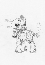 Size: 1020x1463 | Tagged: safe, artist:snytchell, imported from derpibooru, fallout equestria, fallout, flamethrower, looking at you, monochrome, ponified, sentry bot, sketch, weapon