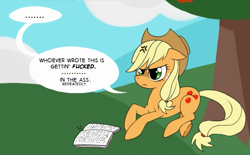 Size: 811x503 | Tagged: safe, artist:musapan, edit, imported from derpibooru, applejack, fanfic:cupcakes, angry, applejack is not amused, book, bucking, comic, dialogue, female, solo, speech bubble, text edit, this will end in pain, this will end in rape, vulgar