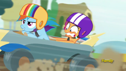 Size: 1280x720 | Tagged: safe, imported from derpibooru, screencap, rainbow dash, scootaloo, pony, the cart before the ponies, cart, driving, duo, helmet, open mouth, racing, seatbelt, steering wheel