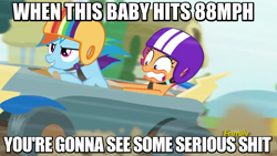 Size: 800x450 | Tagged: safe, edit, edited screencap, imported from derpibooru, screencap, rainbow dash, scootaloo, the cart before the ponies, back to the future, caption, helmet, image macro, meme, movie quote, vulgar