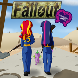 Size: 1600x1600 | Tagged: safe, artist:jake heritagu, imported from derpibooru, spike, sunset shimmer, twilight sparkle, dog, equestria girls, clothes, cloud, equestria girls logo, fallout, fanfic art, fanfic cover, female, gun, jumpsuit, rear view, rifle, shoes, sky, spike the dog, twilight sparkle (alicorn), vault suit, weapon