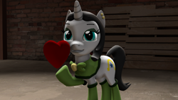 Size: 1882x1056 | Tagged: safe, imported from derpibooru, oc, oc only, oc:joyride, pony, unicorn, colt quest, 3d, bowtie, brick, brick wall, bricks, clothes, cutie mark, ear piercing, eyeshadow, female, floor, grin, heart, horn, leggings, makeup, mantle, mare, piercing, smiling, solo, source filmmaker, wall