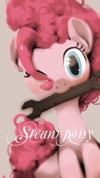 Size: 1080x1920 | Tagged: safe, artist:ciyunhe, imported from derpibooru, pinkie pie, female, looking at you, mouth hold, one eye closed, solo, wink, wrench