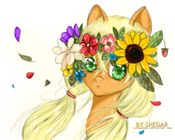 Size: 689x550 | Tagged: safe, artist:shedarsam, imported from derpibooru, applejack, female, floral head wreath, leaves, looking at you, petals, pigtails, solo