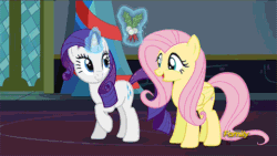 Size: 480x270 | Tagged: safe, imported from derpibooru, screencap, fluttershy, rarity, pegasus, pony, unicorn, a hearth's warming tail, animated, discovery family logo, female, holly, mistleholly, non-looping gif