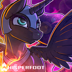 Size: 1280x1280 | Tagged: safe, artist:whisperfoot, imported from derpibooru, nightmare moon, female, fire, smiling, solo
