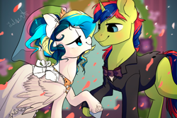 Size: 1024x683 | Tagged: safe, artist:lulemt, imported from derpibooru, oc, oc only, pegasus, pony, unicorn, clothes, dress, female, holding hooves, male, marriage, oc x oc, shipping, straight, suit, unshorn fetlocks, wedding, wedding dress