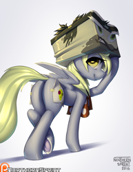 Size: 1280x1656 | Tagged: safe, alternate version, artist:northernsprint, imported from derpibooru, derpy hooves, pegasus, pony, stranger than fan fiction, bubble butt, butt, cardboard box, clothes, cosplay, costume, dock, doctor cardboarderon, fake cutie mark, female, looking at you, looking back, looking back at you, patreon, patreon logo, plot, scarf, smiling, smiling at you, solo, underhoof