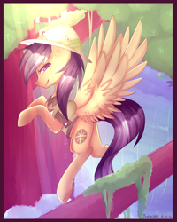 Size: 2000x2500 | Tagged: safe, artist:kurochhi, imported from derpibooru, daring do, clothes, crepuscular rays, female, floating, hat, solo