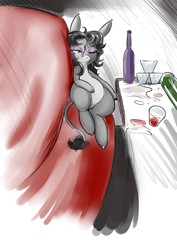 Size: 2893x4092 | Tagged: safe, artist:helloiamyourfriend, imported from derpibooru, oc, oc only, oc:dinnea, donkey, alcohol, alcoholism, glass, hangover, wine