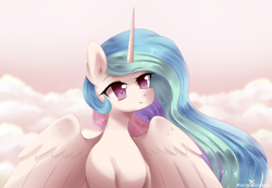 Size: 1280x884 | Tagged: safe, artist:pastelmistress, deleted from derpibooru, imported from derpibooru, princess celestia, alicorn, pony, cute, cutelestia, female, mare, missing accessory, smiling, solo, spread wings