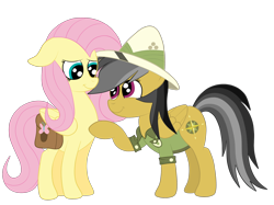 Size: 2592x1936 | Tagged: safe, artist:squipycheetah, imported from derpibooru, a.k. yearling, daring do, fluttershy, pony, clothes, cute, daringshy, female, floppy ears, friendshipping, happy, lesbian, looking down, looking up, mare, raised hoof, reassurance, saddle bag, shipping, shyabetes, simple background, smiling, transparent background, vector