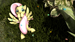 Size: 1920x1080 | Tagged: safe, artist:essman009, imported from derpibooru, fluttershy, butterfly, 3d, covering, cute, female, grass, scrunchy face, shadow, shy, shyabetes, solo, source filmmaker, spread wings, tail covering