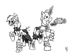 Size: 1024x777 | Tagged: safe, artist:krashface, imported from derpibooru, ghoul, fallout equestria, children of the cloud, duo, faction logo, grayscale, monochrome, neo noir, partial color, raised hoof, simple background, white background