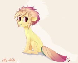 Size: 1046x844 | Tagged: safe, artist:milka-pony, imported from derpibooru, oc, oc only, floppy ears, grin, looking at you, messy mane, sitting, smiling, solo