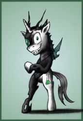 Size: 900x1314 | Tagged: safe, artist:kh0nan, imported from derpibooru, oc, oc only, oc:tounicoon, changeling, hybrid, pony, abstract background, bipedal, changeling oc, looking at you, male, smiling, solo, standing up