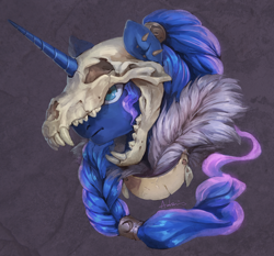 Size: 2190x2042 | Tagged: safe, artist:audrarius, imported from derpibooru, part of a set, princess luna, alicorn, pony, wolf, braid, bust, collar, crescent moon, ear piercing, earring, fangs, female, fur, helmet, horn, jewelry, mare, moon, piercing, portrait, purple background, simple background, skull, skull helmet, solo, tribal