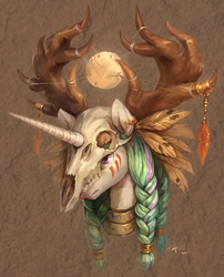 Size: 1771x2190 | Tagged: safe, artist:audrarius, imported from derpibooru, part of a set, princess celestia, alicorn, deer, pony, antlers, braid, brown background, bust, collar, ear piercing, earring, face paint, feather, female, helmet, horn, jewelry, neck rings, piercing, portrait, simple background, skull, skull helmet, solo, tribal