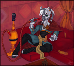 Size: 1280x1141 | Tagged: safe, artist:skuttz, imported from derpibooru, oc, oc only, oc:zaheed, anthro, zebra, cloak, clothes, couch, doctor strange, dr.strange, ear piercing, handsome, headband, hookah, jewelry, looking at you, male, marvel, necklace, piercing, pillow, relaxed, relaxing, ring, sitting, smiling, solo, stallion