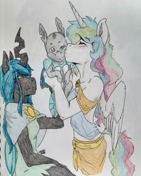 Size: 1374x1710 | Tagged: safe, artist:spark-theory, imported from derpibooru, princess celestia, queen chrysalis, oc, oc:karner blue, anthro, hybrid, baby, cheek kiss, chryslestia, clothes, female, interspecies offspring, kiss on the cheek, kissing, lesbian, magical lesbian spawn, momlestia, offspring, parent:princess celestia, parent:queen chrysalis, parents:chryslestia, shipping, simple background, traditional art