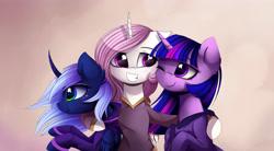 Size: 5013x2759 | Tagged: dead source, safe, artist:magnaluna, imported from derpibooru, princess celestia, princess luna, twilight sparkle, clothes, cute, cutelestia, grin, hoodie, hug, lunabetes, nose wrinkle, puffy cheeks, s1 luna, smiling, twiabetes