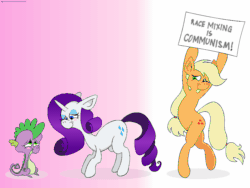 Size: 1000x750 | Tagged: safe, artist:hellarmy, imported from derpibooru, applejack, rarity, spike, dragon, earth pony, pony, unicorn, bipedal, communism, context is for the weak, female, gif, gradient background, hatless, hoof hold, looking at each other, male, mare, missing accessory, mouthpiece, ms paint, non-animated gif, out of character, racism, shipping, sign, sparity, speciesism, straight