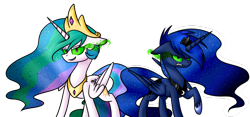 Size: 1024x478 | Tagged: safe, artist:despotshy, imported from derpibooru, princess celestia, princess luna, clothes, dark magic, jewelry, magic, peytral, shoes, simple background, sombra eyes, tiara, transparent background