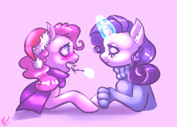 Size: 2560x1848 | Tagged: safe, artist:ogaraorcynder, artist:stomakot, imported from derpibooru, pinkie pie, rarity, pony, clothes, dessert, female, ice cream, lesbian, magic, mare, open mouth, raripie, shipping, sick, spoon, sweater