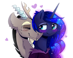 Size: 2280x1803 | Tagged: safe, artist:elementalokami, imported from derpibooru, discord, princess luna, blushing, female, heart, lunacord, male, nuzzling, shipping, straight