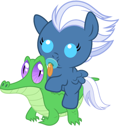 Size: 936x967 | Tagged: safe, artist:red4567, imported from derpibooru, gummy, night glider, pegasus, pony, baby, baby pony, cute, glideabetes, night glider riding gummy, pacifier, ponies riding gators, riding, show accurate, weapons-grade cute