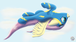 Size: 5000x2813 | Tagged: safe, artist:sloppyhooves, imported from derpibooru, fluttershy, clothes, female, flying, goggles, solo, upside down, wonderbolts uniform, wondershy