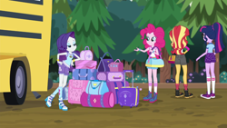 Size: 1280x720 | Tagged: safe, imported from derpibooru, screencap, pinkie pie, rarity, sci-twi, sunset shimmer, twilight sparkle, equestria girls, legend of everfree, bus, clothes, converse, luggage, ponytail, rarity being rarity, shoes, sneakers